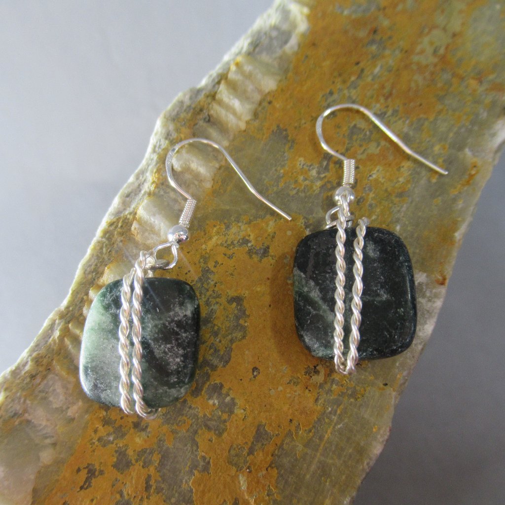 Green Jasper Earrings, Stone Tiles Wrapped In Copper Braid, Pierced